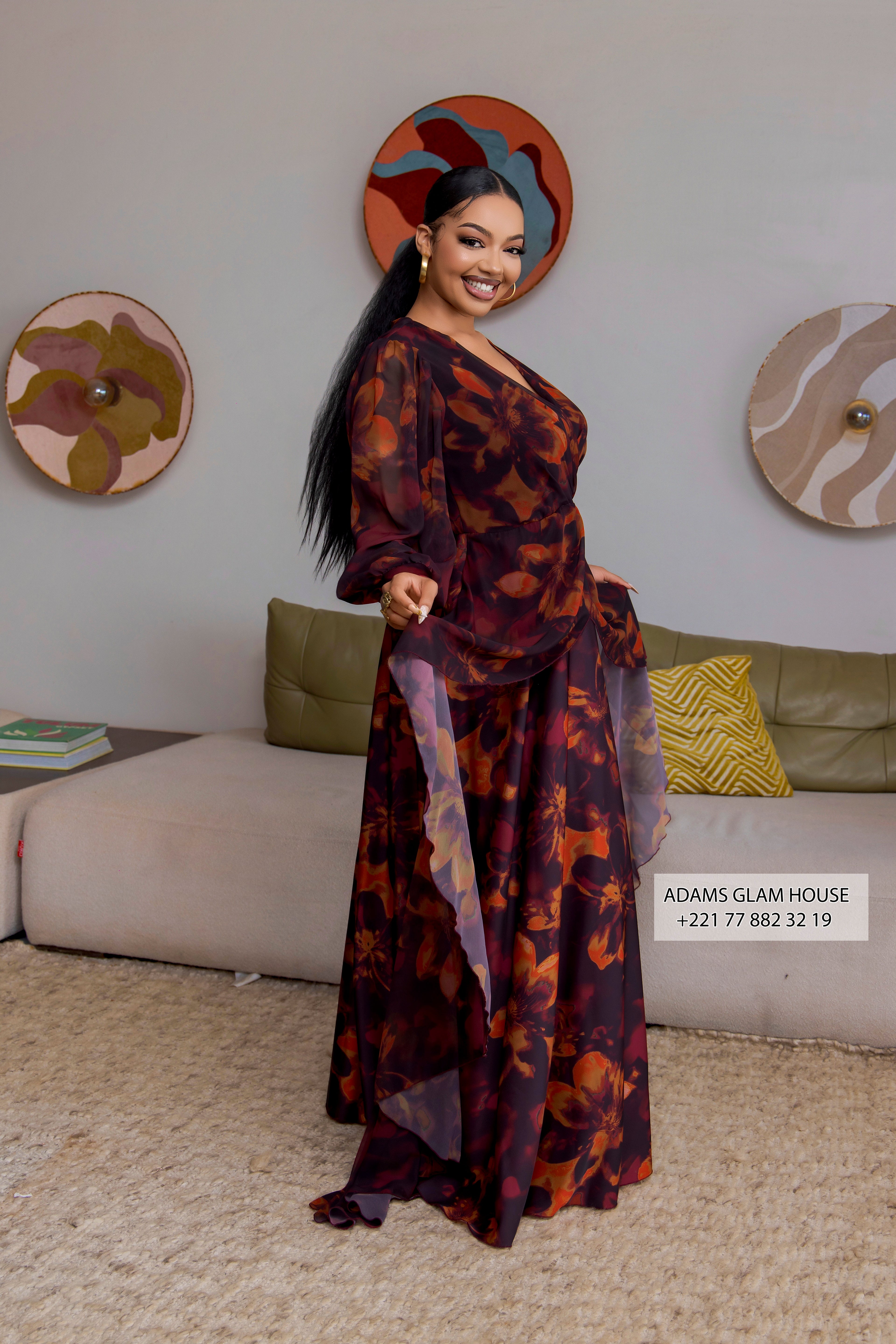 Robe Maxi Fluide en Mousseline à Imprimé Floral Flamboyant et Drapé Cache-Cœur