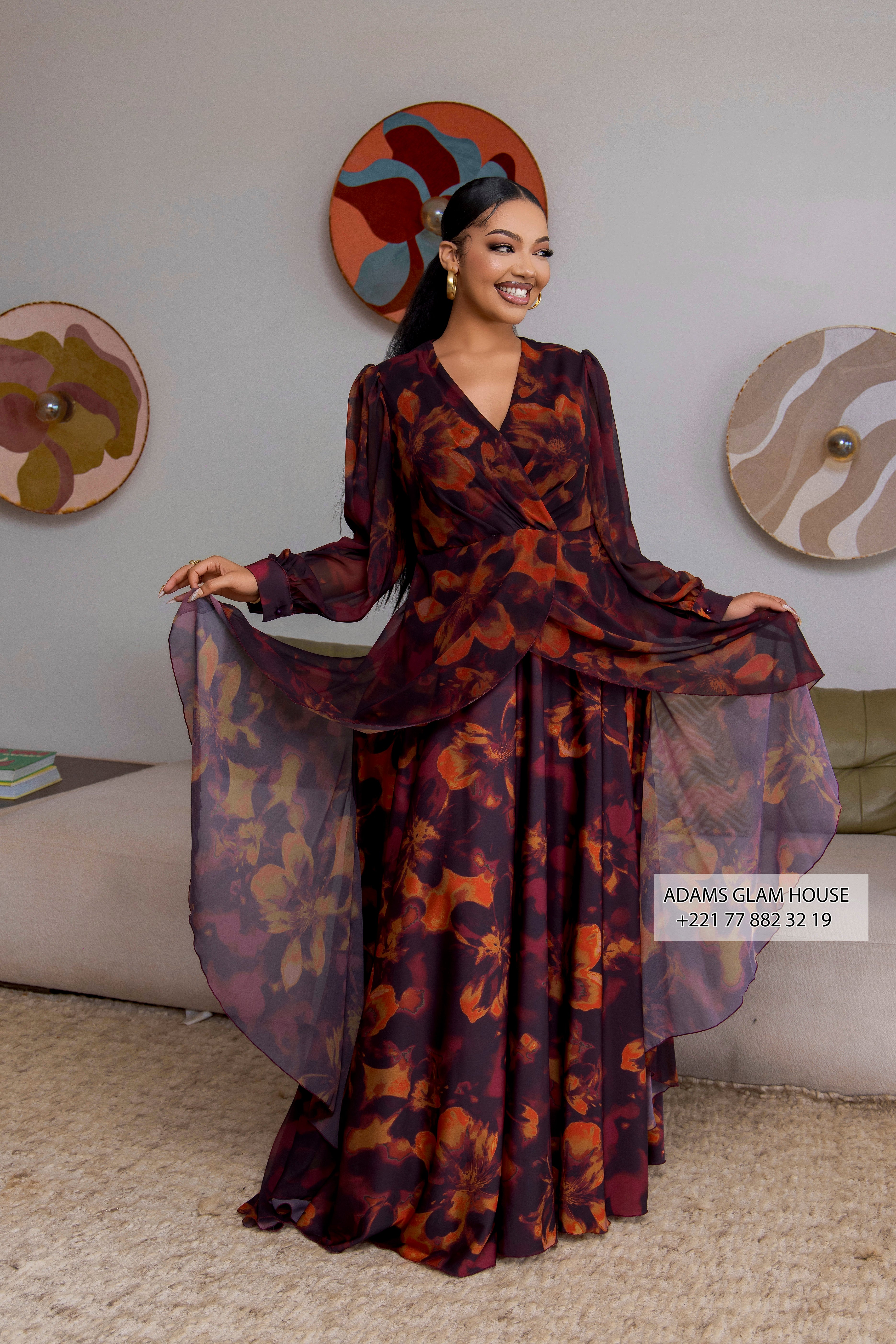 Robe Maxi Fluide en Mousseline à Imprimé Floral Flamboyant et Drapé Cache-Cœur