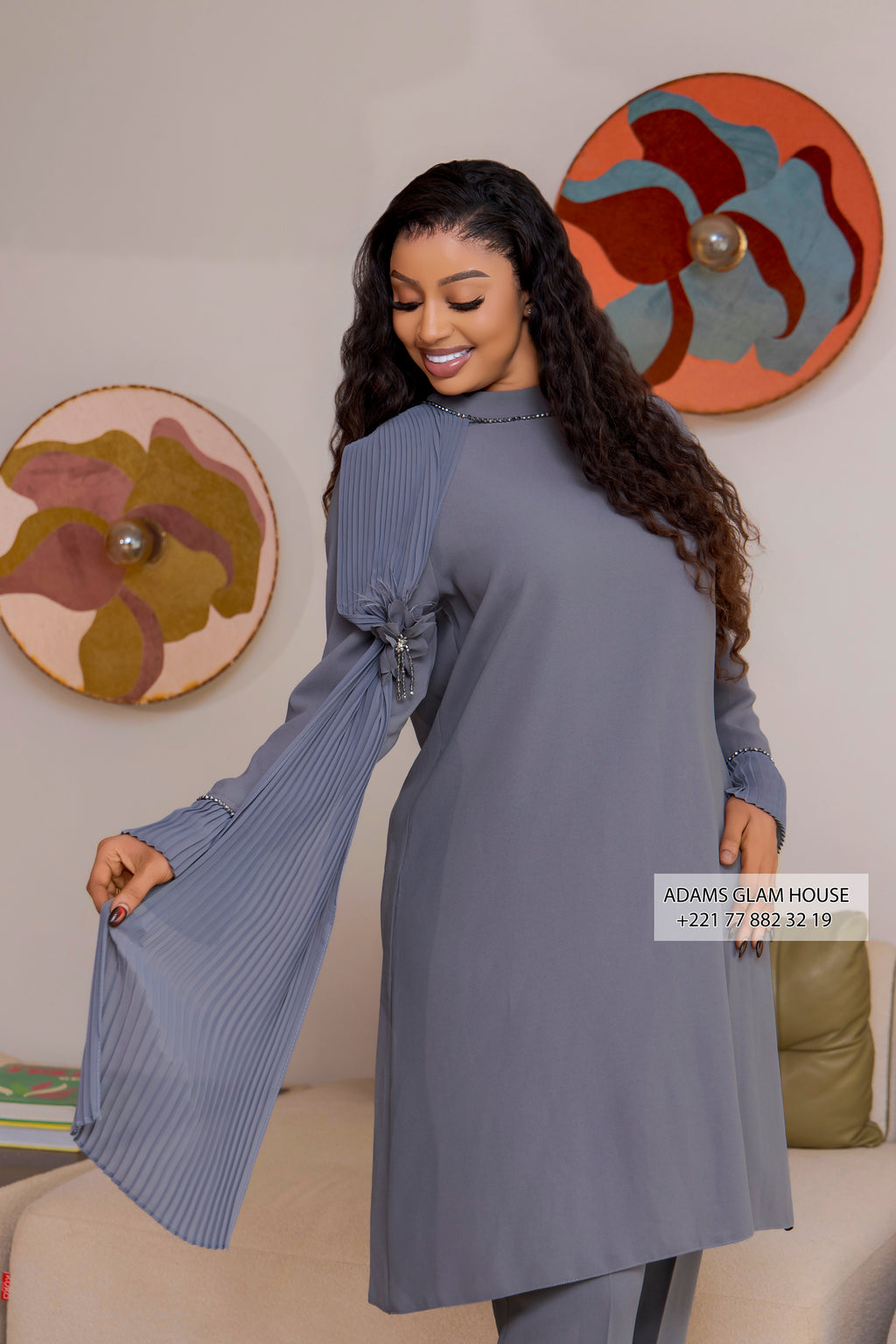 Ensemble Tunique Longue et Pantalon Gris Anthracite à Manches Plissées Cascade