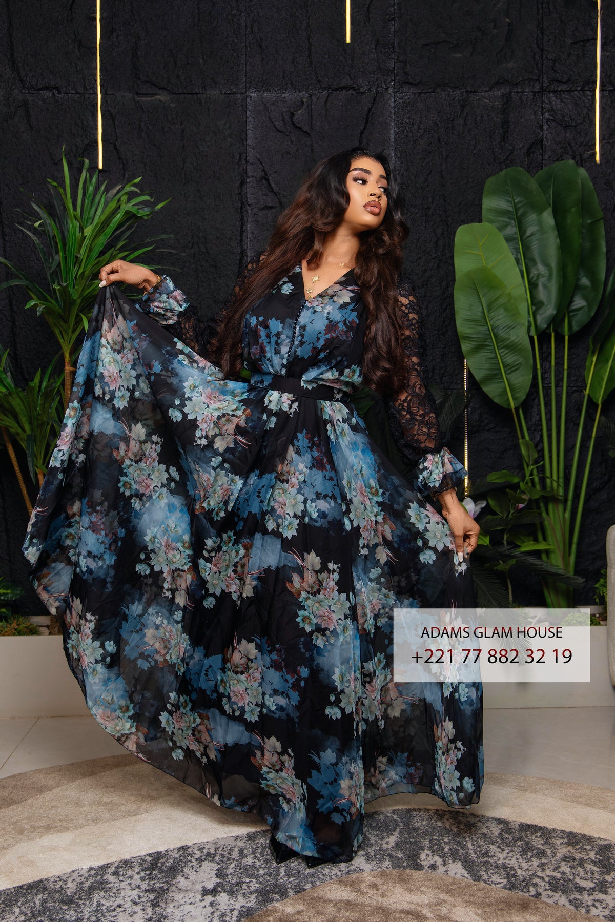 Robe Longue Fleurie Chiffon et Manches en Dentelle - Collection Glam House