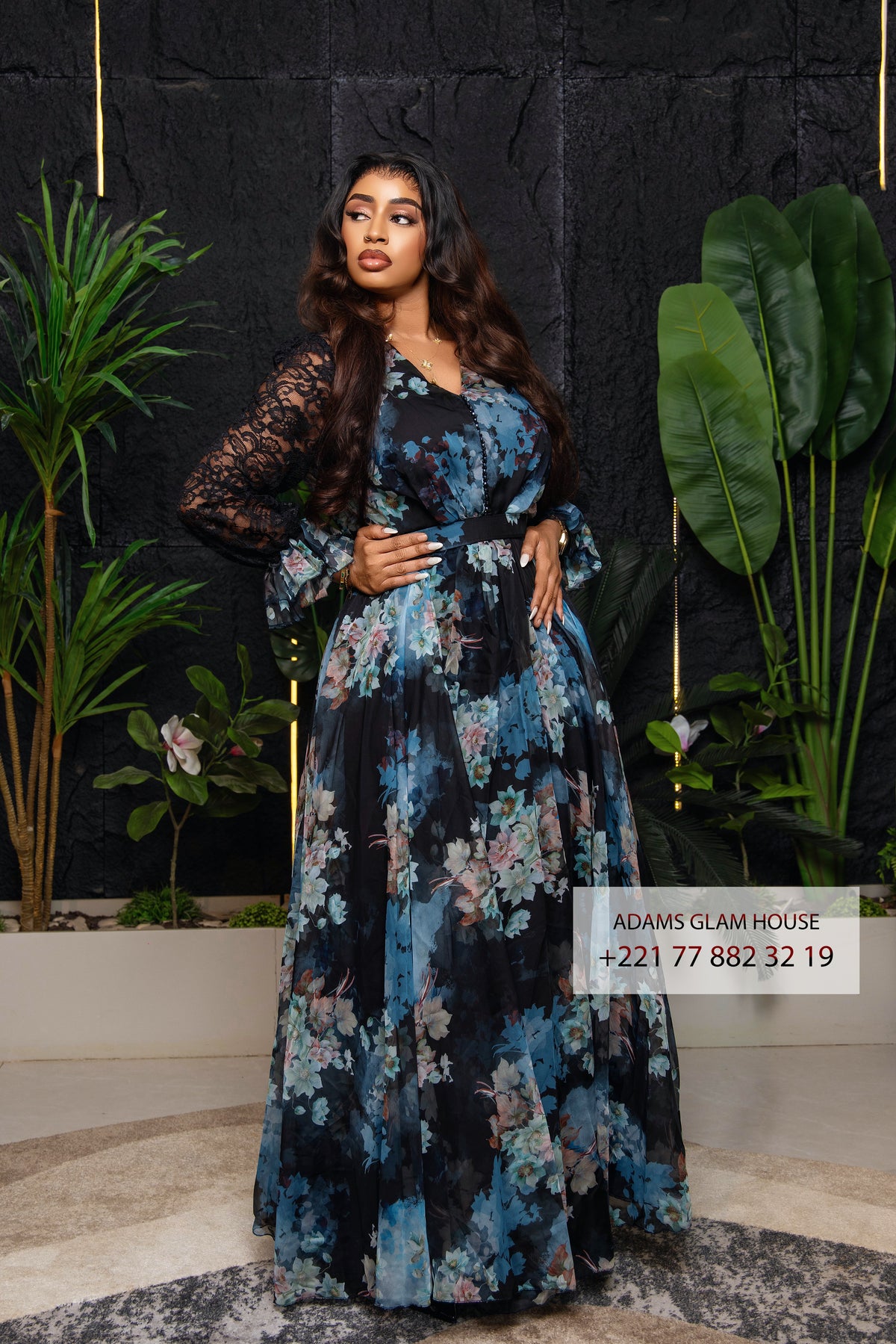 Robe Longue Fleurie Chiffon et Manches en Dentelle - Collection Glam House